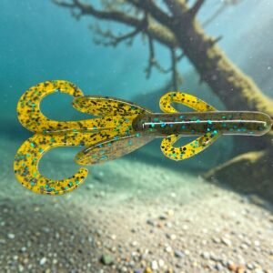 Baitlicious Crazy Hog 3.8 inch two-tone creature bait with curly tails and green pumpkin blue flake