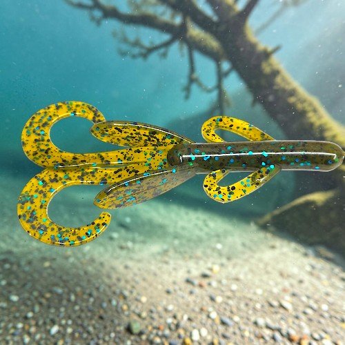 Baitlicious Crazy Hog 3.8 inch two-tone creature bait with curly tails and green pumpkin blue flake